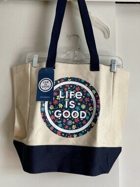 Life Is Good Floral Coin Print Cotton Canvas Market Tote Bag Cream Blue